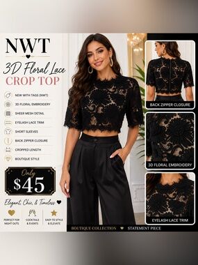 Black 3D Floral Lace Crop Top -